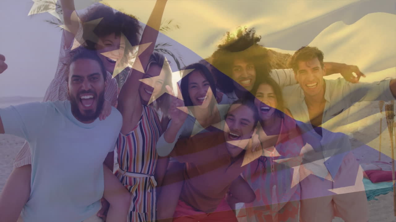 At beach party, group of friends dancing with star pattern animation overlay