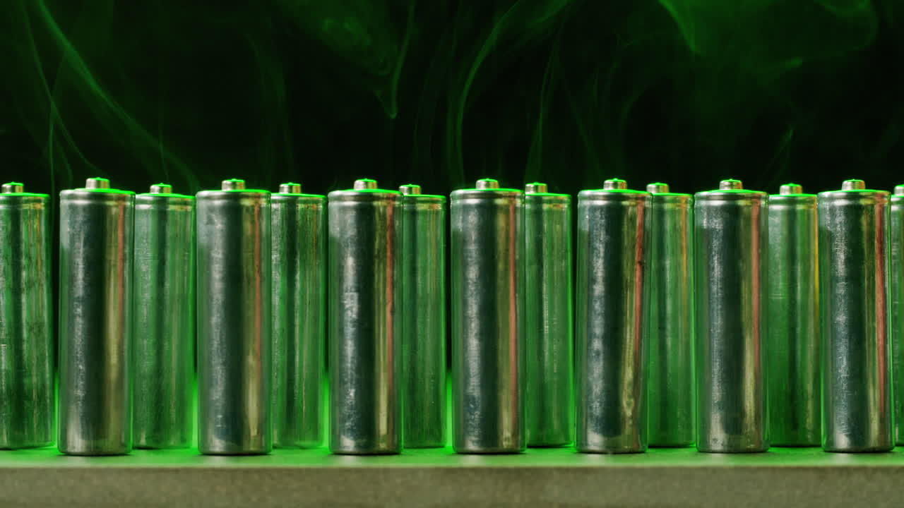 Silver batteries AA and AAA in neon light close-up. Double-A battery is a standard size single cell cylindrical dry battery. Batteries are common in portable electronic devices. An AA battery is composed of a single electrochemical cell that may be either a primary battery or a rechargeable battery.
