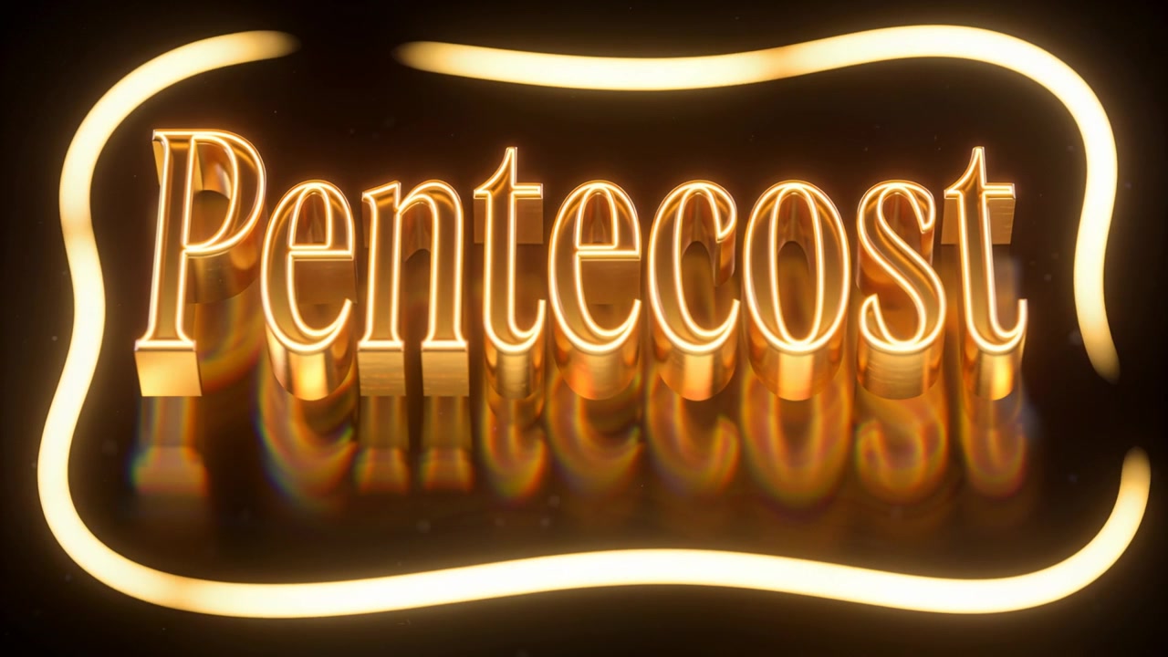 Moldura de néon pulsante enviando luz através da palavra "Pentecostes" dourada no chão preto do estúdio, com franjas de cor.