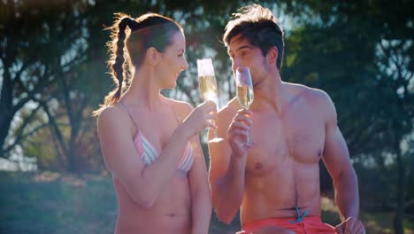 couple toasting glasses of champagne in pool 4k