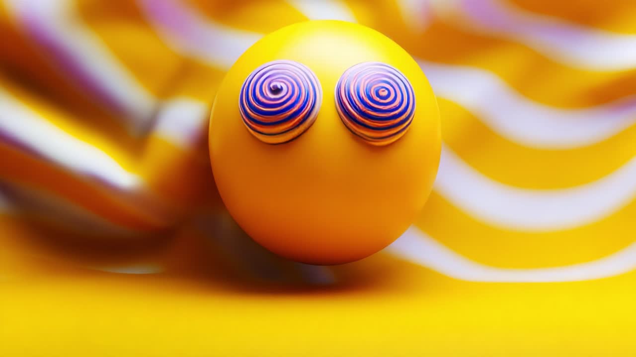 A vibrant yellow sphere with spiral-patterned features takes center stage against a flowing striped background, capturing a whimsical and playful aesthetic in this artistic representation
