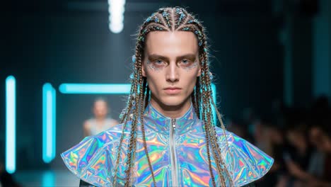 a stunning fashion showcase featuring a model in a futuristic holographic outfit with intricate braids and bold makeup under dramatic lighting