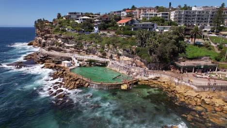 aerial view of bronte baths and beach in sydney, nsw, australia - drone shot
