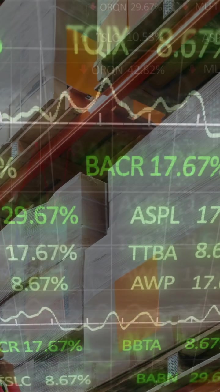 Animación de procesamiento de datos sobre una trabajadora en un almacén.