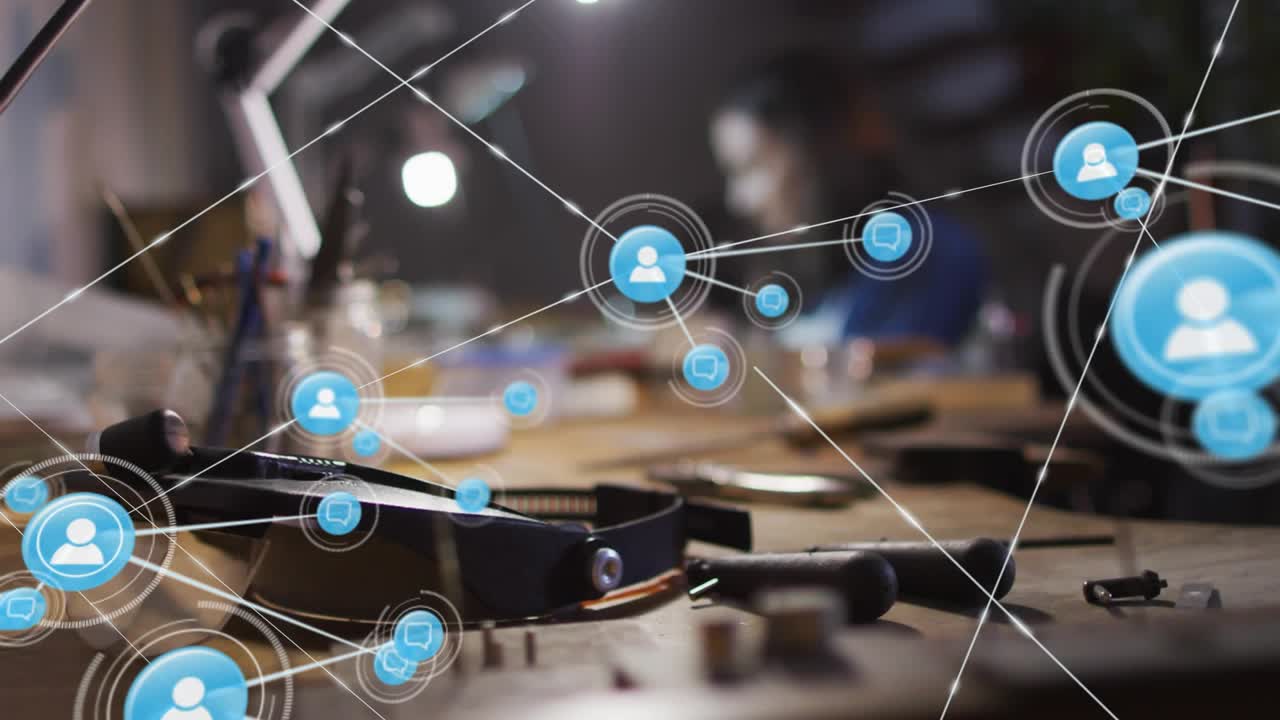 Bench tools, glowing node appearing and expanding tech user network mapping links, tech working