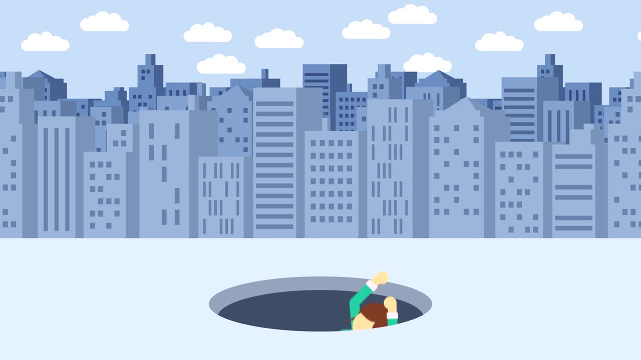 Donna d'affari che cade nel buco. Sfondo di edifici. Concetto di rischio. Illustrazione in loop in stile piatto.