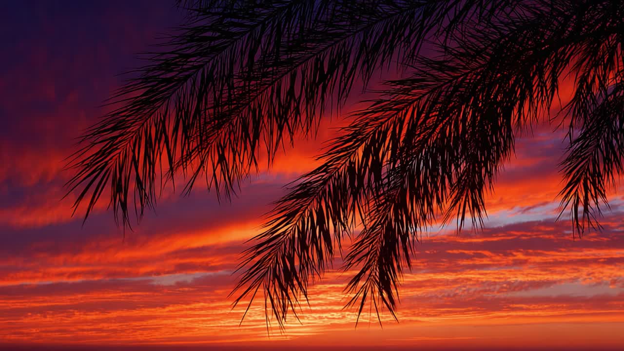 A Breathtaking Sunset Over Silhouetted Palm Fronds Capturing the Vibrant Colors of the Evening Sky with Rich Hues of Orange, Purple, and Red