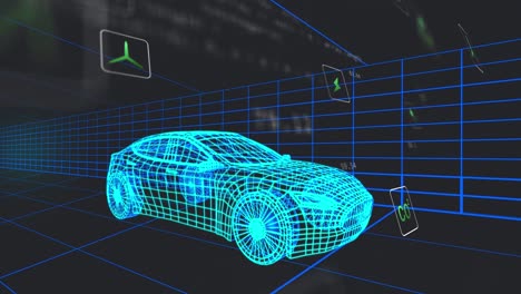 Animación-De-Iconos-Y-Procesamiento-De-Datos-Sobre-Un-Modelo-De-Coche-En-3D.