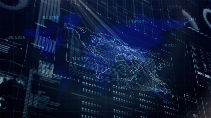 Digital World Map Interface with Data Analytics and HUD Elements