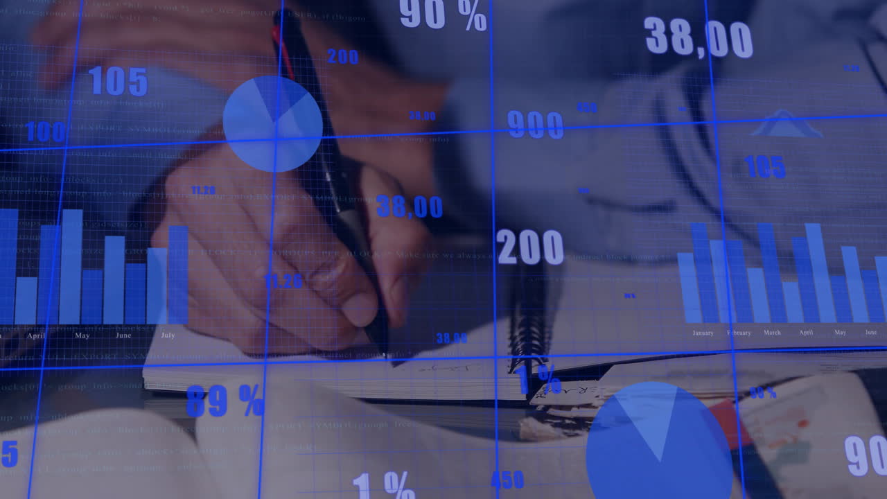 animación del procesamiento de datos financieros sobre empresario caucásico escribiendo en la oficina