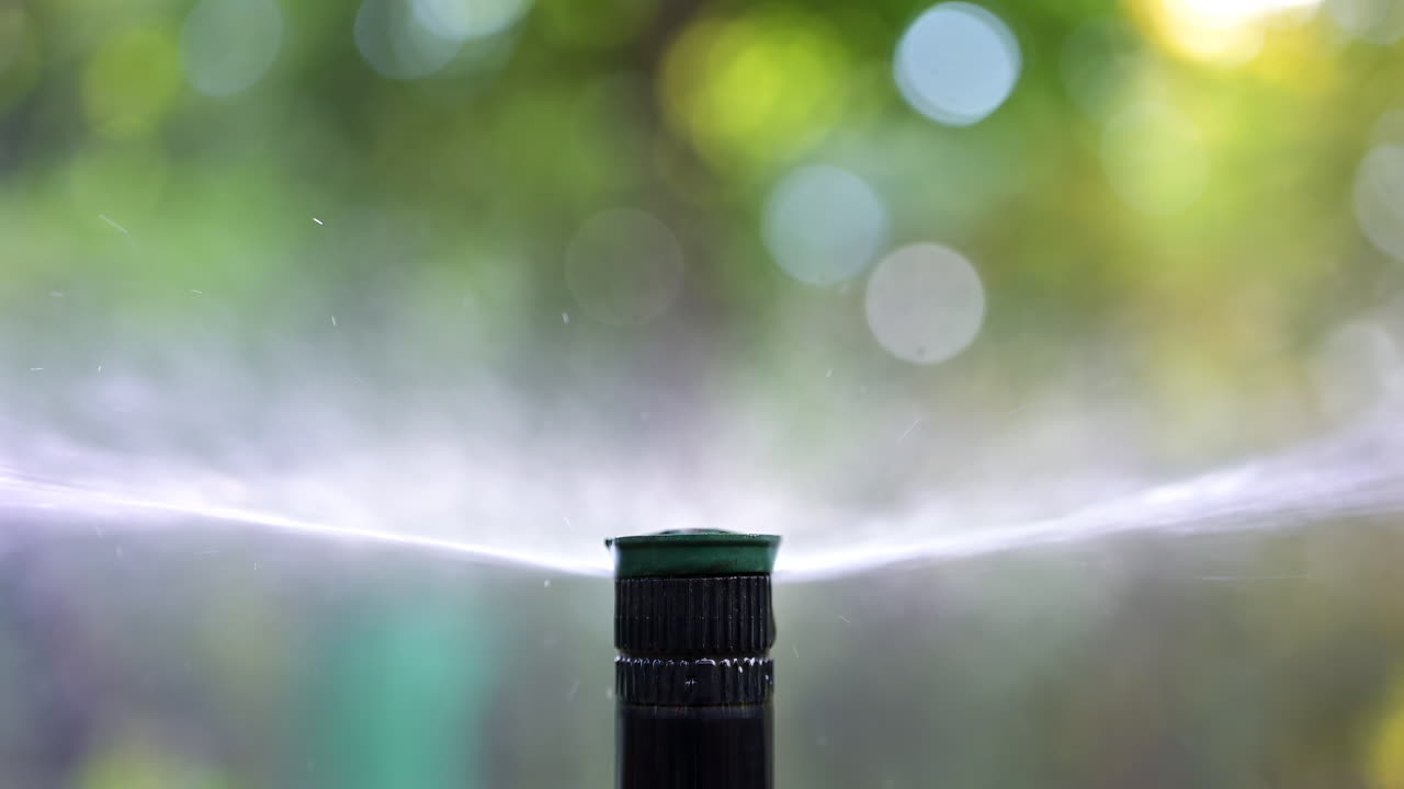 Close up of a water sprinkler in action, spraying water across grass and plants