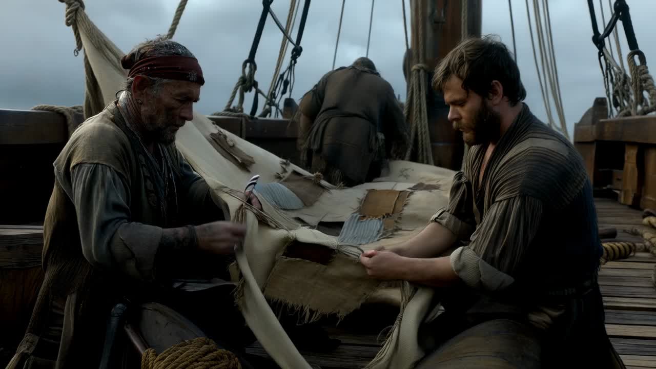 Noting rip, sailor with red bandana stitching sail on deck, securing sail with twine, copy space