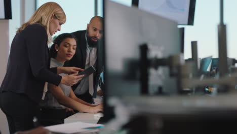 business woman team leader meeting with colleagues using computer pointing at screen office manager sharing ideas helping coworkers discussing strategy in corporate workplace