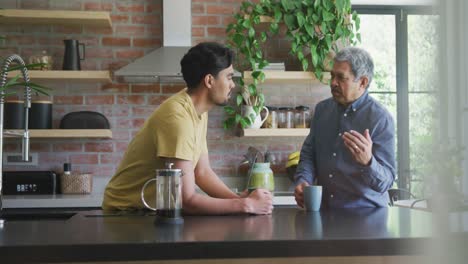 panning shot of biracial father and son talking while leaning on kitchen counter at home