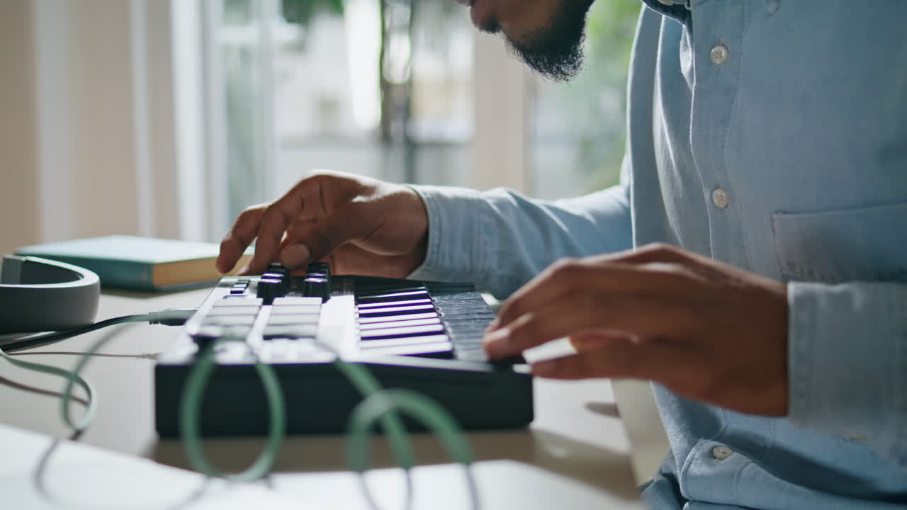 Man arms using keyboard home closeup. Anonymous dj touching console controllers