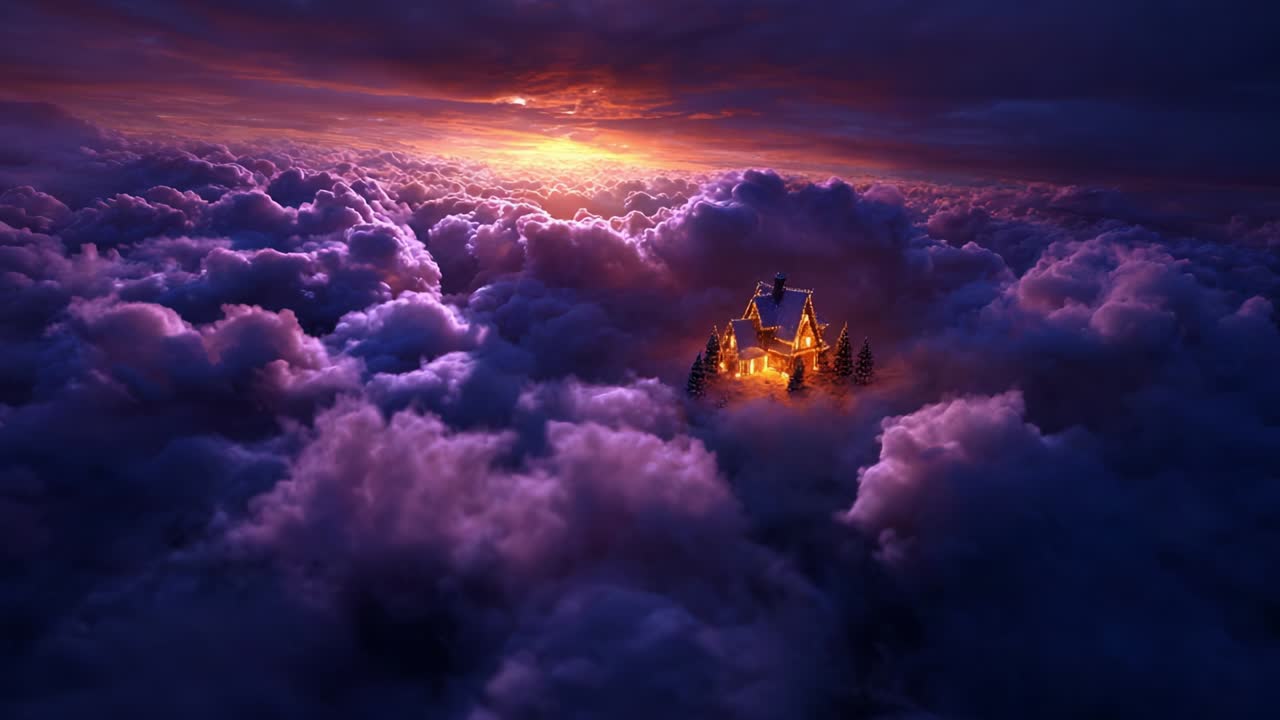 A Beautiful Dreamscape: A Cozy House Illuminated by Warm Light Amongst a Sea of Ethereal Clouds Under a Majestic Sunset, Creating a Magical Atmosphere of Tranquility and Wonder