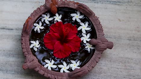 spiritual holy water with hibiscus flower kept for birds at home entrance from different angle