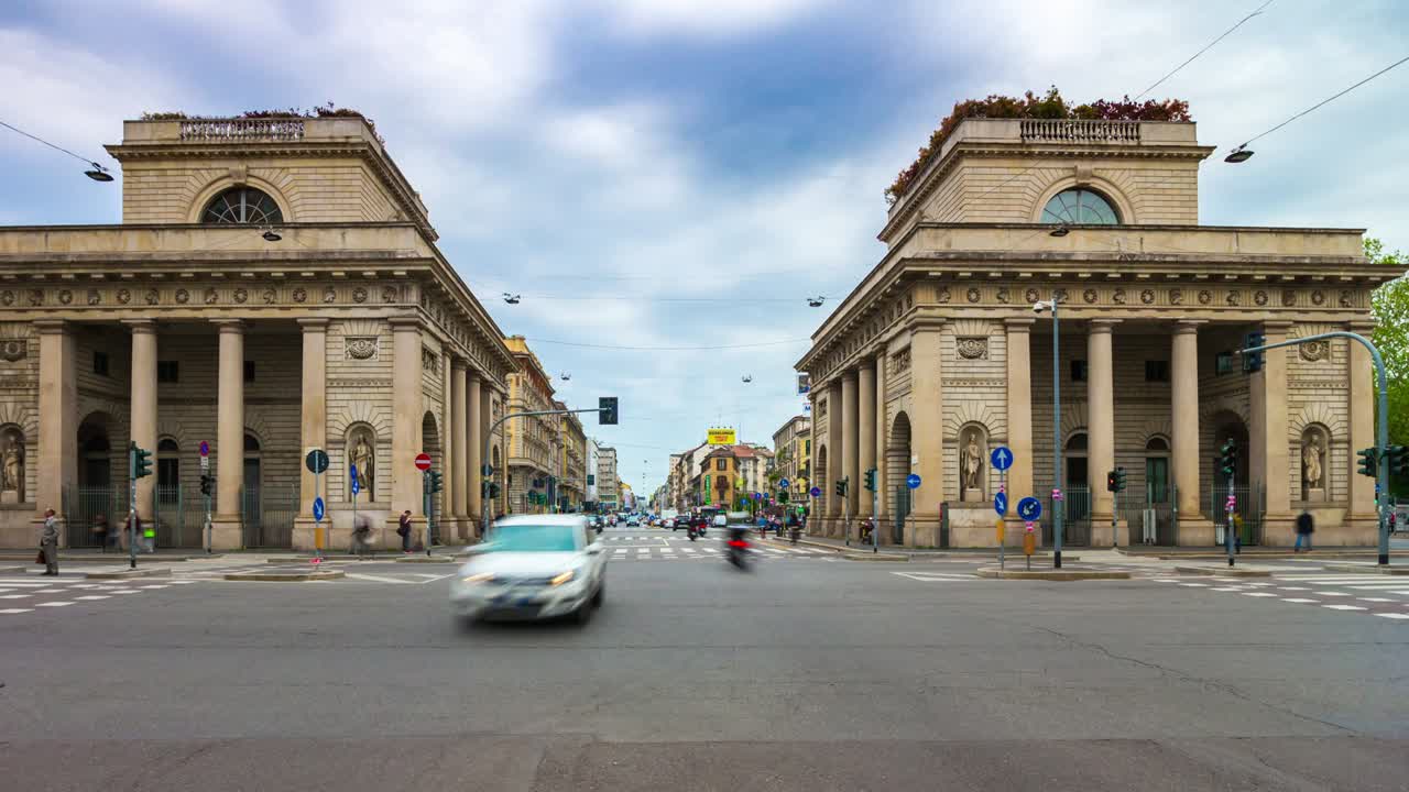 이탈리아 밀라노 시, 은 날, 교통, 거리, 교차로, 파노라마, 4k 타임스