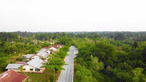 Cinematic-Drone-Footage-of-Palm-Oil-Mill-Effluent-residential-consists-of-buildings,-homes,-main-road-and-infrastructure-surrounded-by-palm-oil-trees-deforestation-located-in-Indonesia-in-full-HD