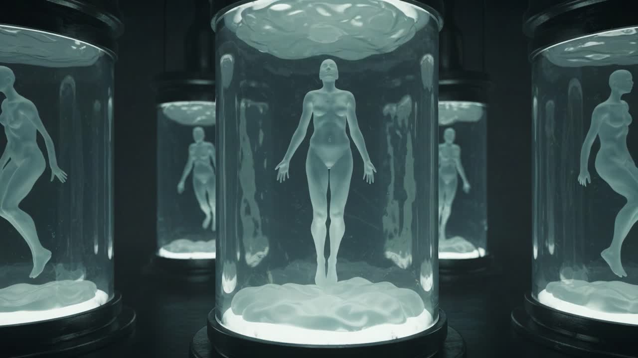 A futuristic scene with ethereal humanoid figures suspended in transparent containers, representing concepts of life, technology, and transformation in a visually striking environment