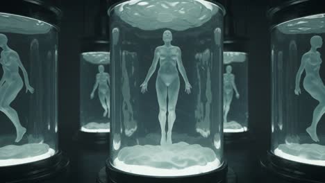 a futuristic scene with ethereal humanoid figures suspended in transparent containers, representing concepts of life, technology, and transformation in a visually striking environment