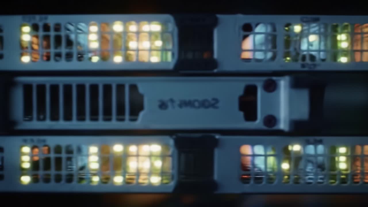 A Glimpse Inside a Data Center: Illuminated Server Racks Showcasing Technology and Connectivity as Lights Sparkle and Data Flows Through the Network