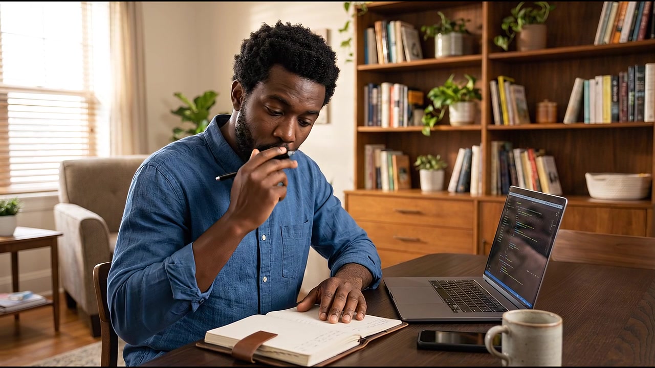African American Man Writing Notes and Working on Laptop at Home