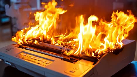 a printer on fire on a table in a room