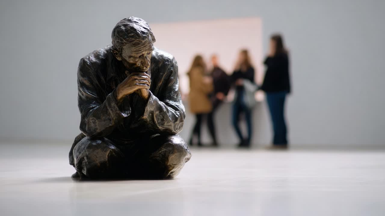 A Contemplative Bronze Sculpture Depicting Deep Reflection in an Art Gallery with Visitors Engaged in Conversation in the Background