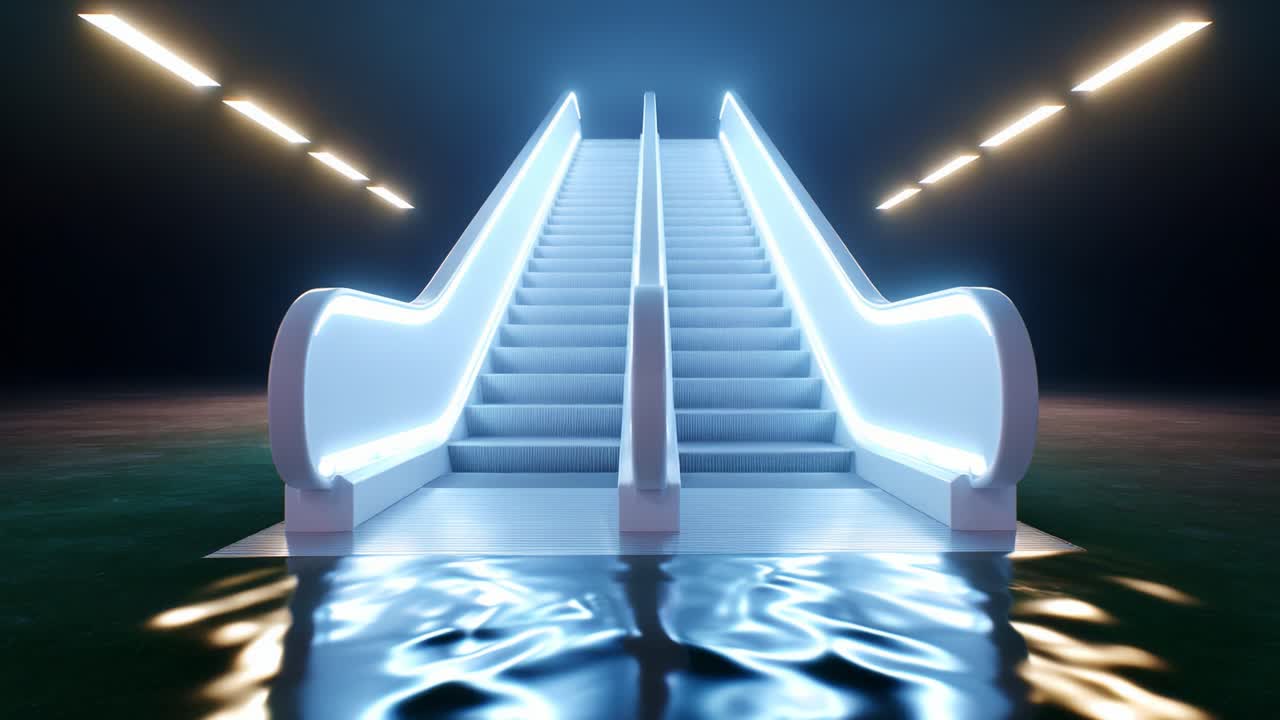 Una splendida visione digitale di scale mobili illuminate da luci soffuse ed eteree in un ambiente surreale con riflessi di luce sull'acqua, che creano un'atmosfera onirica e una profondità accattivante