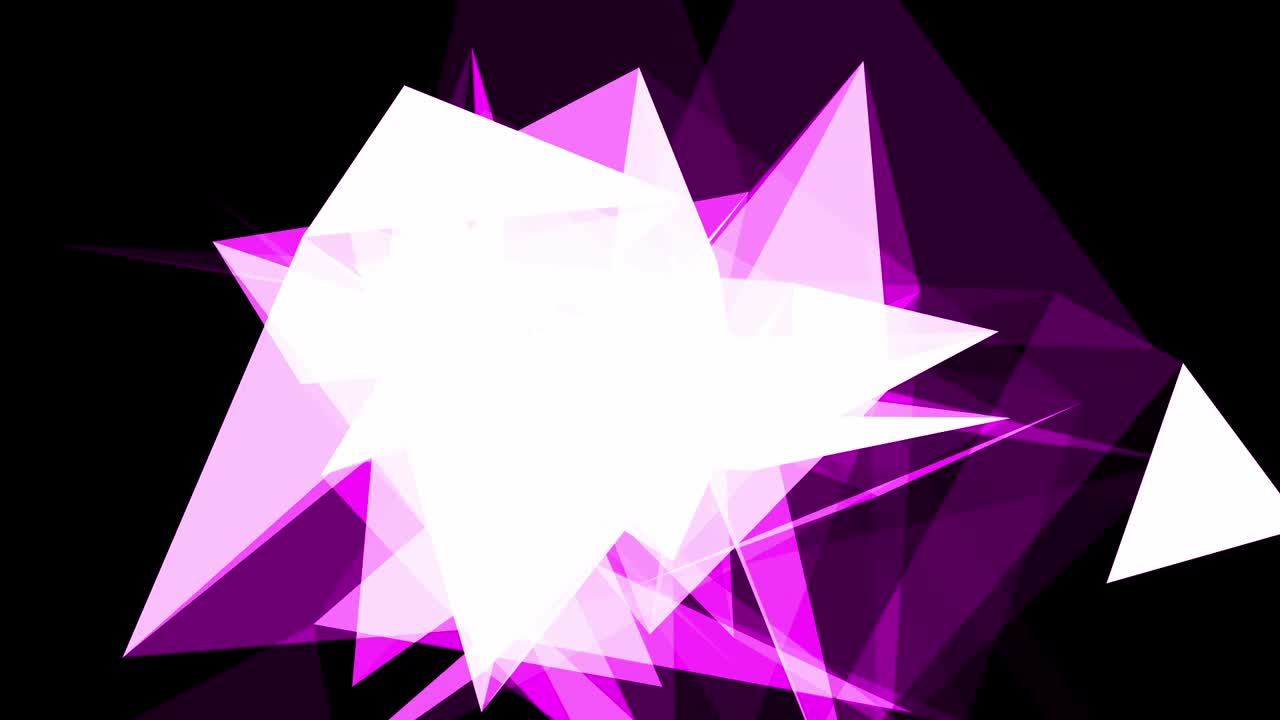 Abstract animation of rotating purple and white geometric shapes and triangles on black background. For tech, corporate, or modern visuals