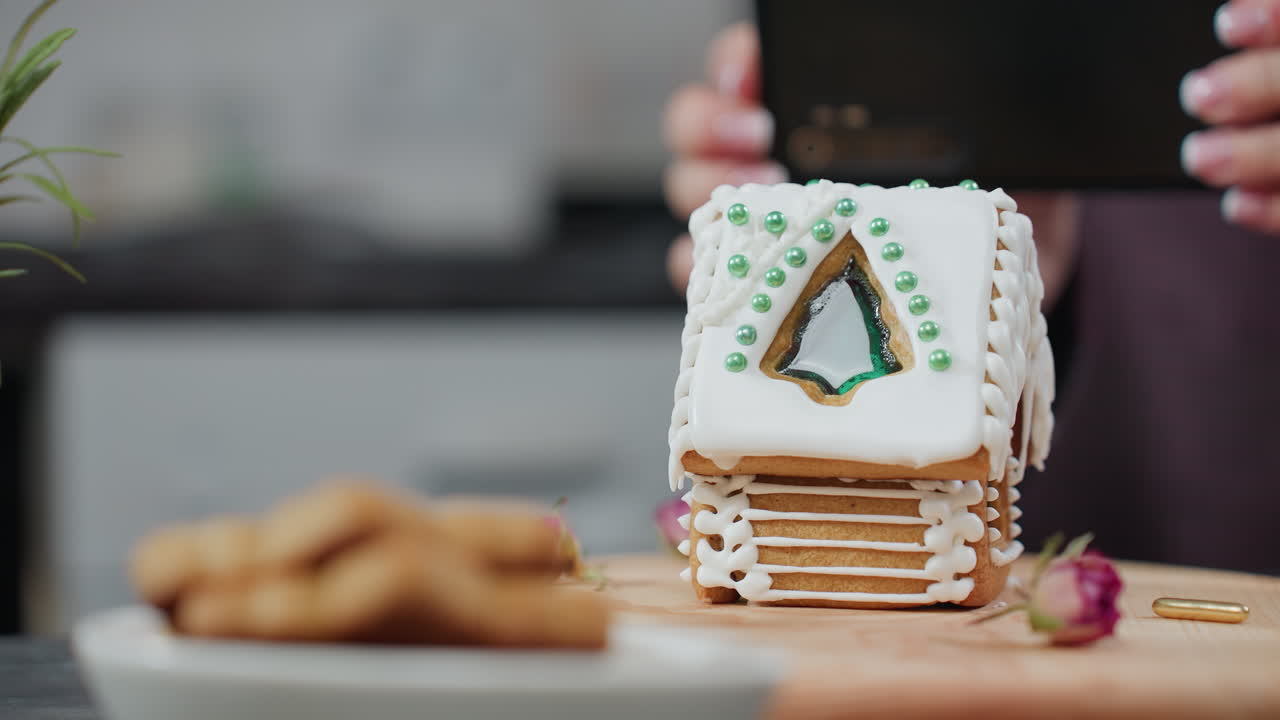 primer plano de un cuenco de galletas con pan de jengibre casa en una bandeja de madera, decorada con hielo y cuentas, flores secas añaden encanto mientras la persona borrosa