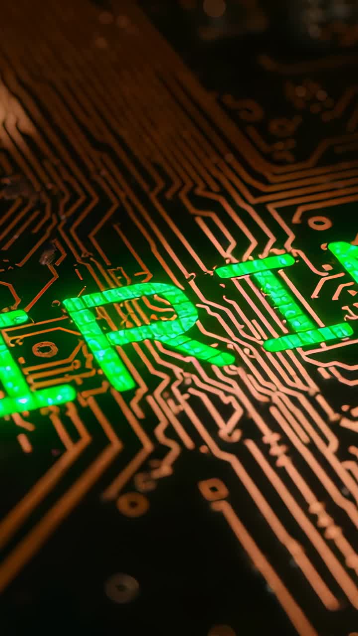 Vertical video: Panning camera revealing PCB in studio macro to center green LEDs and copper traces