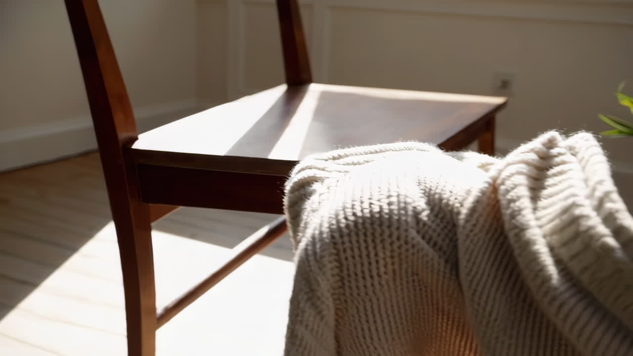 A cozy cream knit blanket draped over furniture in sunlight