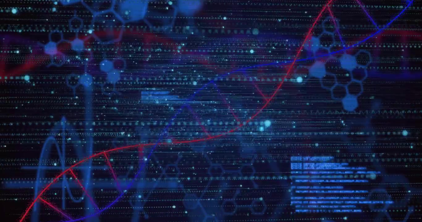 Stylized red-blue DNA helix rotating over data streams with glowing particles floating in 3D render