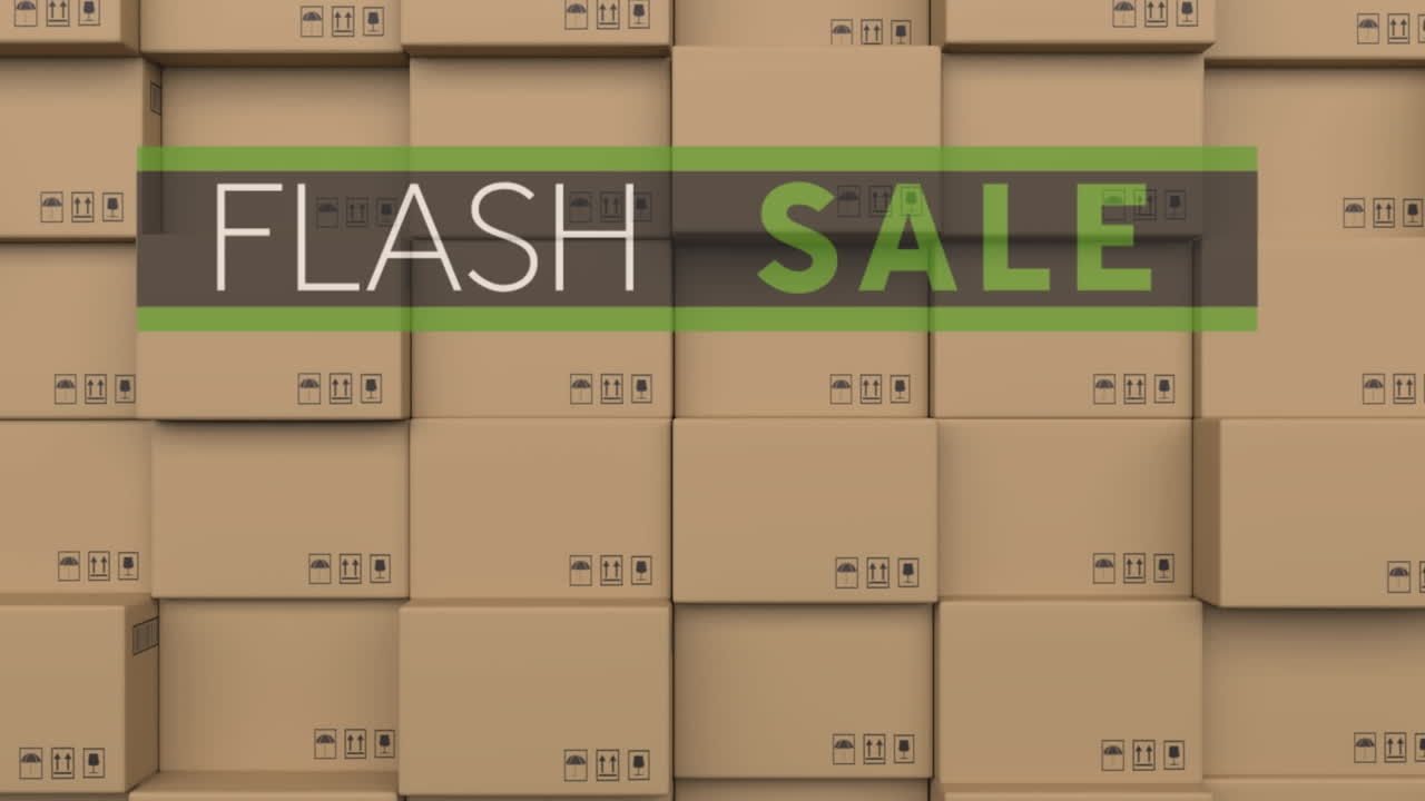 Animation of flash sale text over stack of cardboard boxes in warehouse