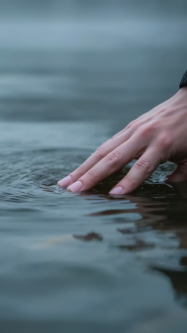 Vertical video: Hovering hand touching water, making ripples at pond edge, dark sleeve, copy space