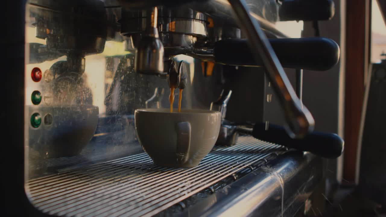 Barista pouring espresso into cup causing world map with data icons showing global connectivity