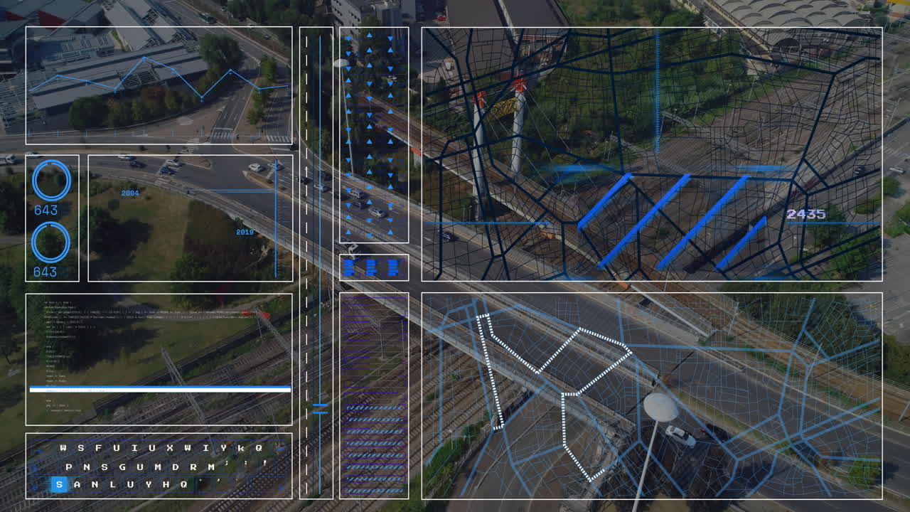 Animation overlaying digital traffic data on aerial urban road view in city