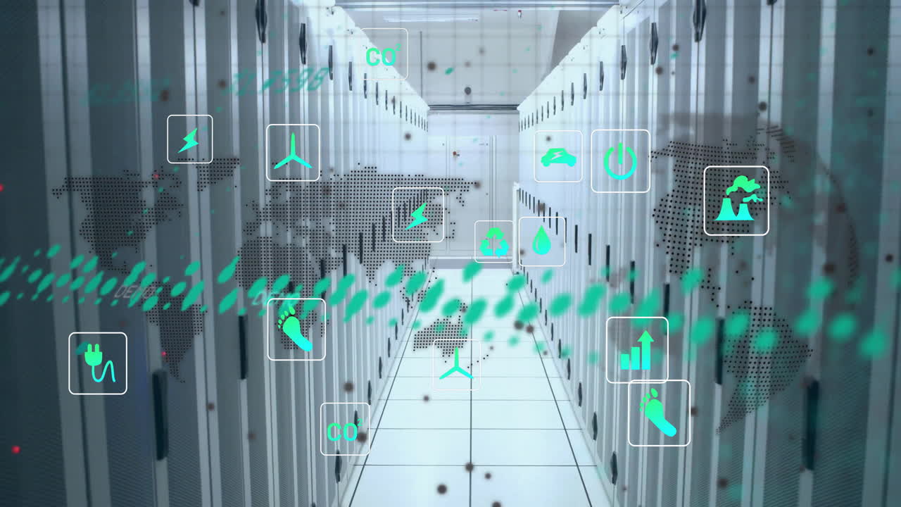 Animation of eco icons and data processing over computer servers