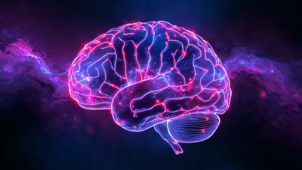 Pulsing brain hologram in nebula reacting to rising node glow routing pulses through neon tracts