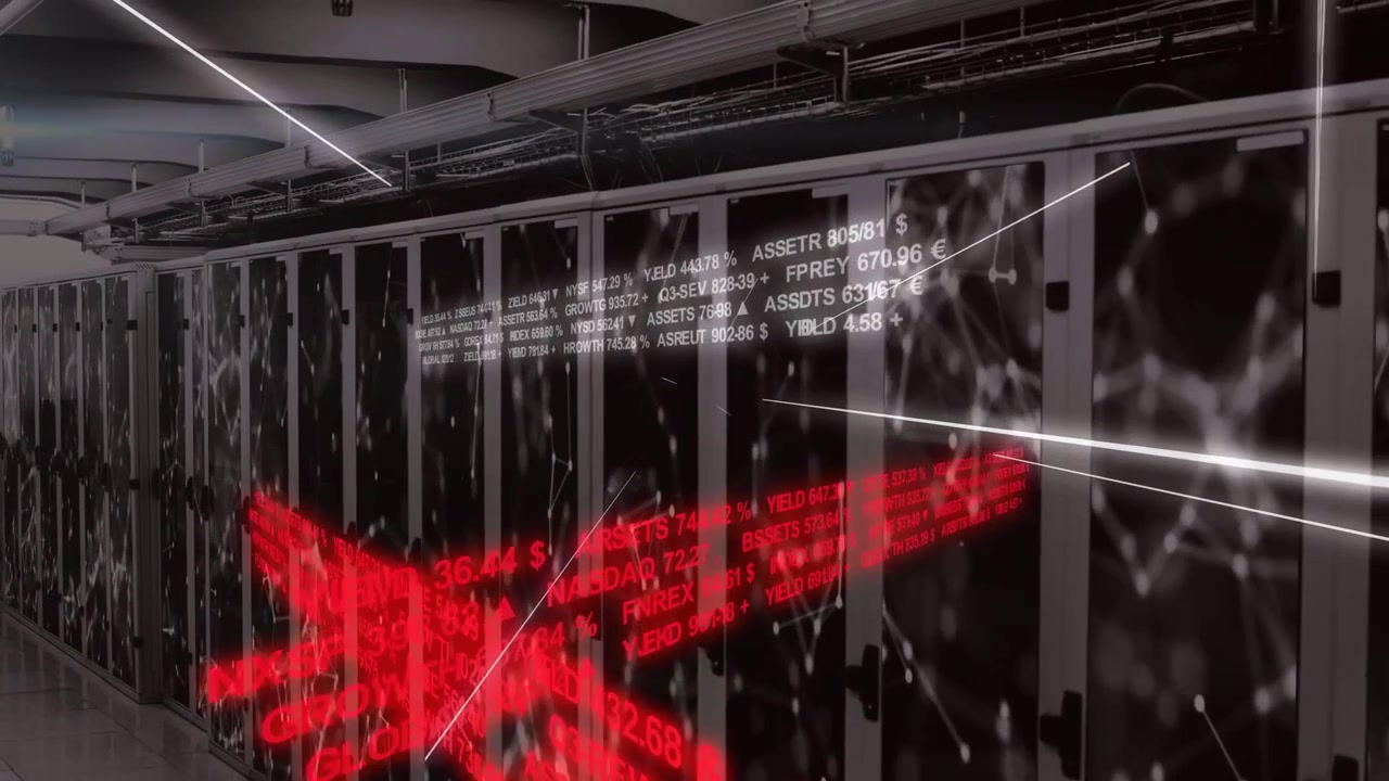 Camera sliding datacenter racks starting ticker scrolling and red bands pulsing showing net traffic