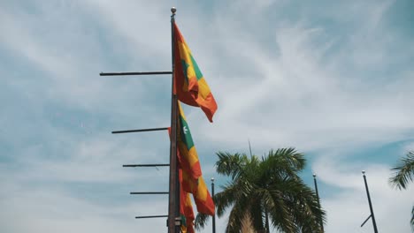 Slow-motion-Waving-flags-of-Cartagena-de-Indias-in-Colombia,-South-America