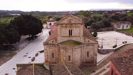 Virgin-Mary-of-Montserrat-church-in-the-abandoned-town-of-Old-Tratalias,-aerial