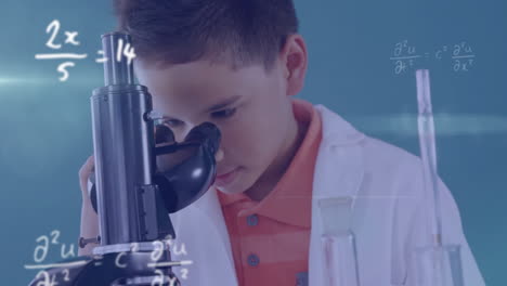 animation of mathematical equations over caucasian schoolboy during chemistry lesson