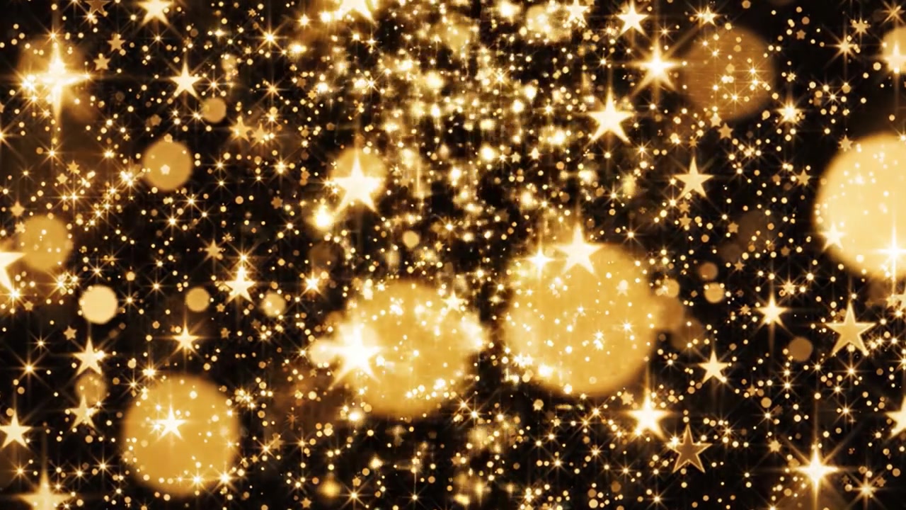 Un'affascinante esposizione di stelle scintillanti e bagliori dorati su uno sfondo scuro, che crea un'atmosfera incantevole perfetta per celebrazioni e festività