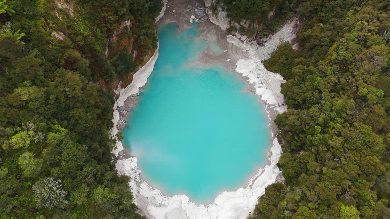 Flyfoto av en levende turkis geotermisk innsjø omgitt av grønn skog