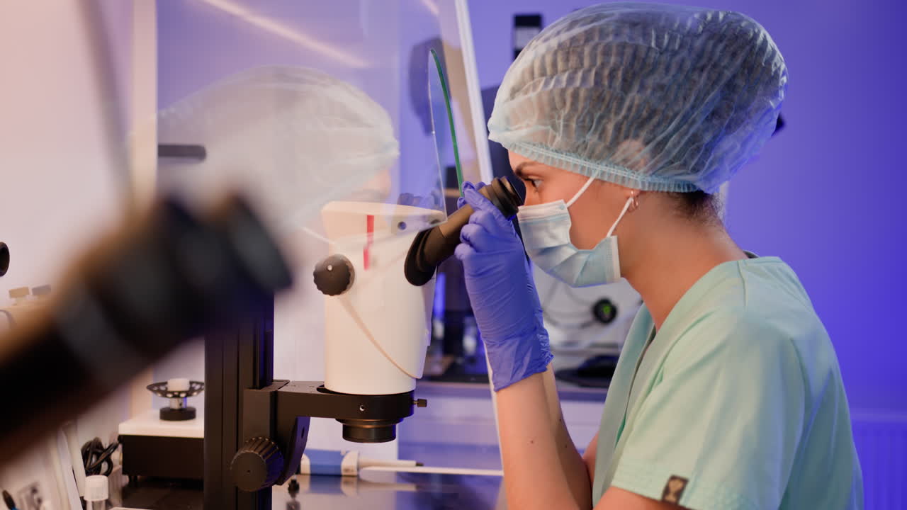 Scientist using a microscope in a laboratory setting