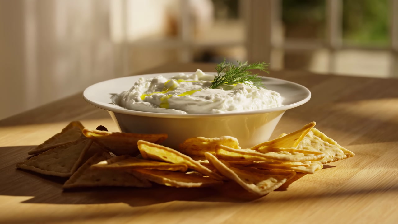 Sunlit Bowl Creamy Dip With Crackers, Dill Garnish, Olive Oil Drizzle, Wooden Table By Farmhouse Window, Warm