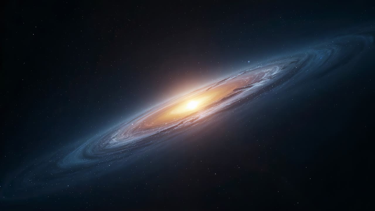 Zooming camera revealing spiral galaxy in outer space, emphasizing core, spiral arms, dust lanes